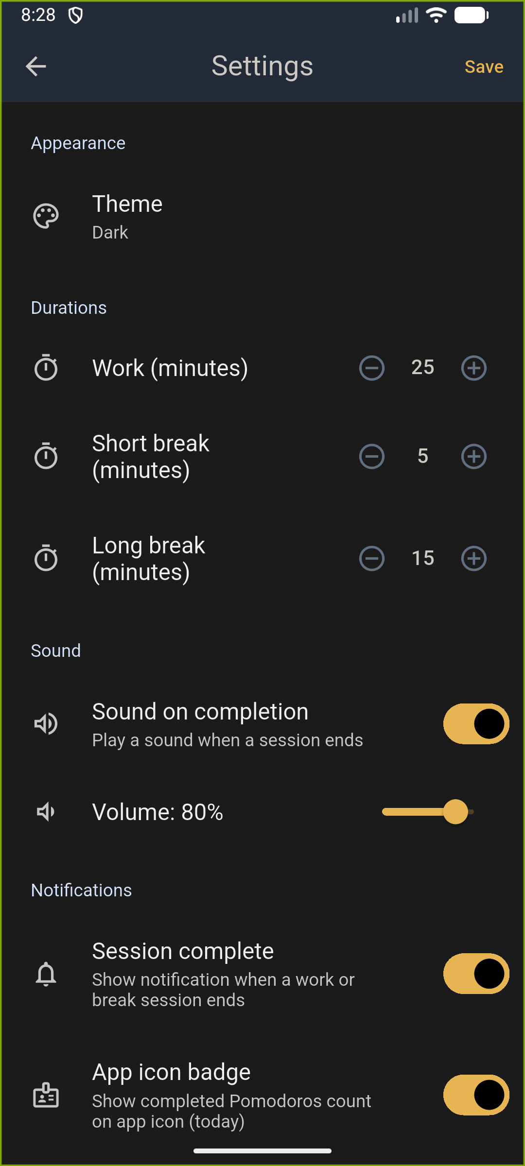 Settings — dark mode